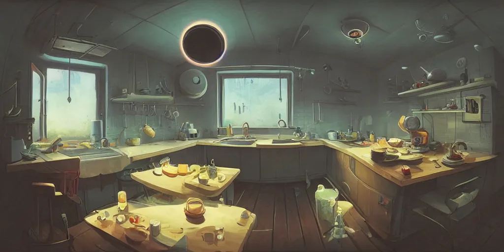 Image similar to minimalistic kitchen dim lit by a candle simon stalenhag gerald brom, fisheye camera, extreme perspective