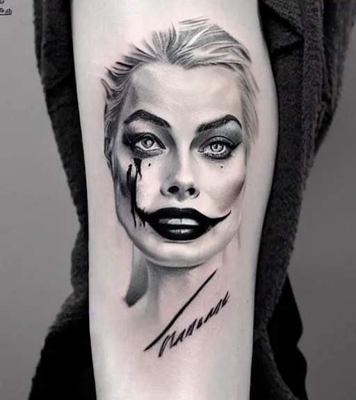 Prompt: tattoo design sketch of beautiful margot robbie portrait with joker makeup, in the style of den yakovlev, realistic face, black and white, faded sides, realism tattoo, hyper realistic, highly detailed