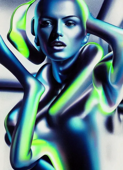 Image similar to futuristic lasers tracing, colorsmoke, fullbodysuit, zima blue warrior, raindrops, wet, oiled, beautiful cyborg, by steven meisel, kaws, rolf armstrong, cubist perfect geometry abstract acrylic, octane hyperrealism photorealistic airbrush collage painting, monochrome, neon fluorescent colors, minimalist rule of thirds, eighties eros