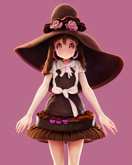 Prompt: a girl as personification of chocolate cupcake, character design, cute hats, unreal engine, highly detailed, digital illustration by artgerm, tooth wu, studio ghibli, sharp focus, artstation. ribbons, dog ears, fractal swirls. a fantasy bakery by studio ghibli, makoto shinkai, global illumination, sweets,