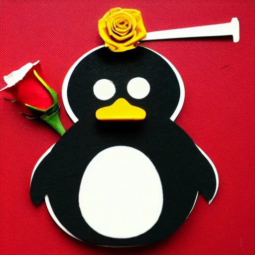 Prompt: a penguin made of teeth giving a rose to duck made of dripping paperclips