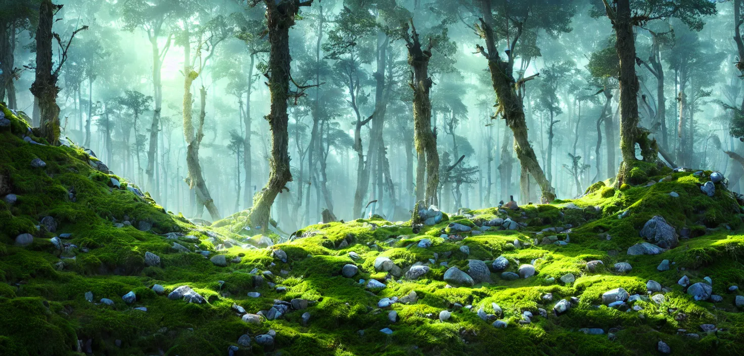 Image similar to random forest landscape, moss and blue sky, incredible, vector art, octane render, fabulous, hyper detailed, random cinematic view, no noise, global illumination, warm lighting, volumetric, godrays, vivid, beautiful, style jordan grimmer and toni infante