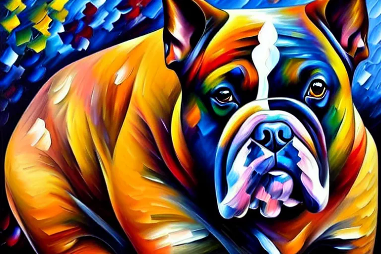 Image similar to portrait of bull dog. painting by leonid afremov