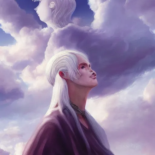 Prompt: a colossal goddess is watching us from above, creative, albino skin, giant, digital art, highly detailed, photo manipulation, clouds, town, covered in clouds, covered by clouds, white hair, digital painting, artstation