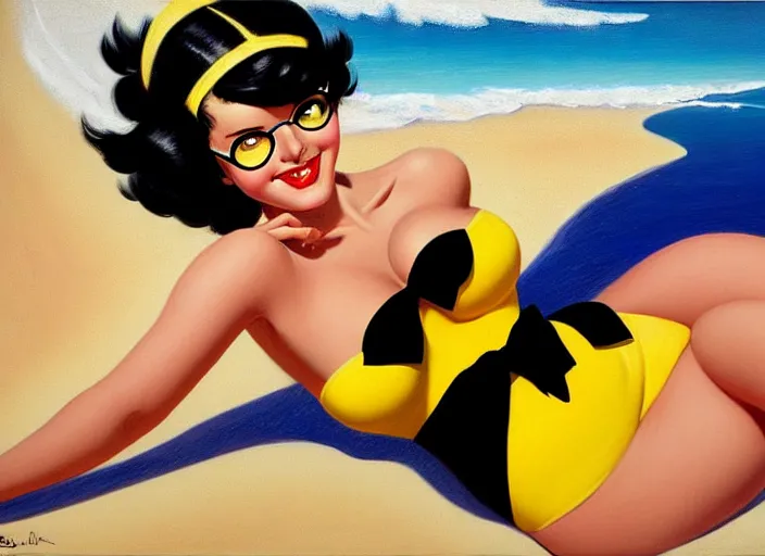 Image similar to the style of the artist gil elvgren, a girl with black hair, overwatch tracer, with a very beautiful symmetrical face, a smile on her face, tanned skin, in a yellow bikini, against the background of a sea beach, in art style, high detail, digital painting, hyperrealism