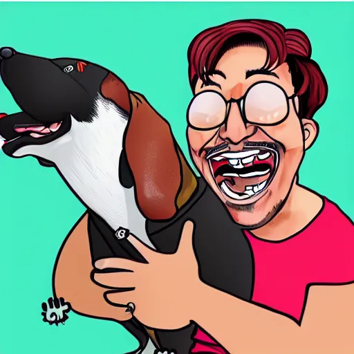 Image similar to a caricature of Markiplier laughing happily as he pets his dog, caricature art style.
