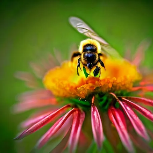 Image similar to a bee landing on a burning flower, the forest is on fire, there is fire everywhere, beautiful macro photography, perfect focus, nice composition