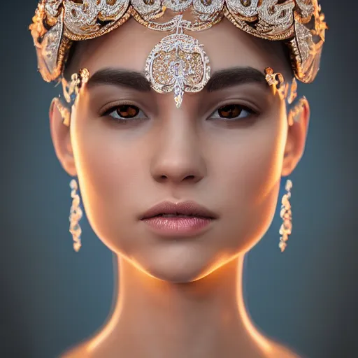 Image similar to portrait of pretty princess with perfect skin, glowing, ornate and intricate diamond jewelry, jaw dropping beauty, glowing backdrop, white accent lighting, hyper detailed, 4 k octane render