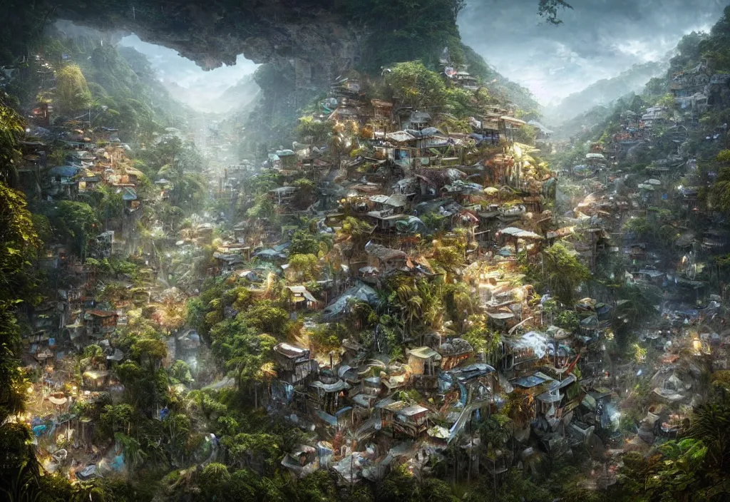 Image similar to photorealistic symetric favela rio in middle of jungle and mountains by ellen jewett, tomasz alen kopera and Justin Gerard