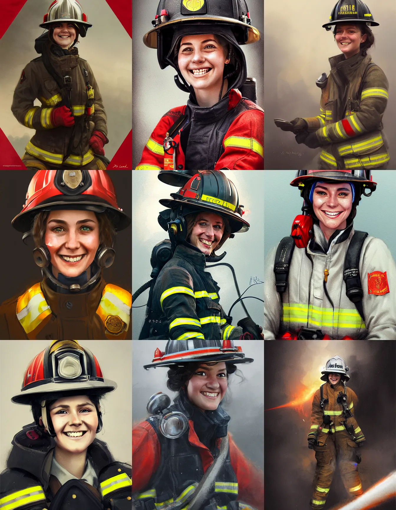 Prompt: young female firefighter, firefighting gear, smiling, digital portrait by greg rutkowski, intricate, soft focus, highly detailed, cinematic, epic, artstation