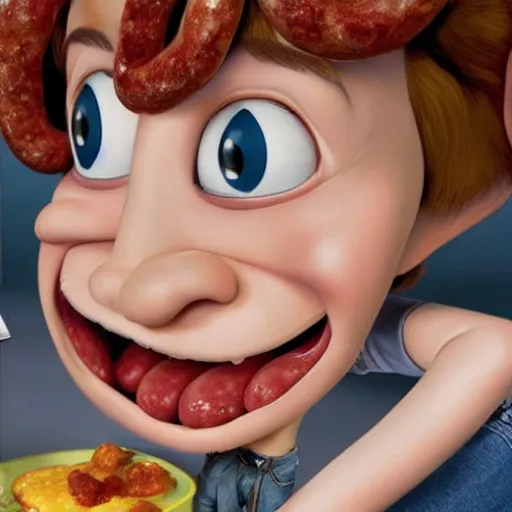 Image similar to hyperrealistic emma stone caricature surrounded by long fat frankfurter sausages by bob byerley and aardman animation, mascot, target reticles