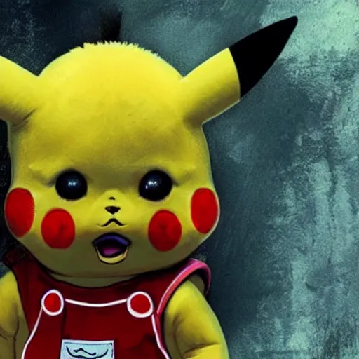 Prompt: Pikachu fused with Chucky, in a swamp, photo realistic, well detailed