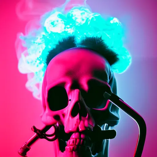 Image similar to Fuzzy neon skull smoking a pipe, studio photography