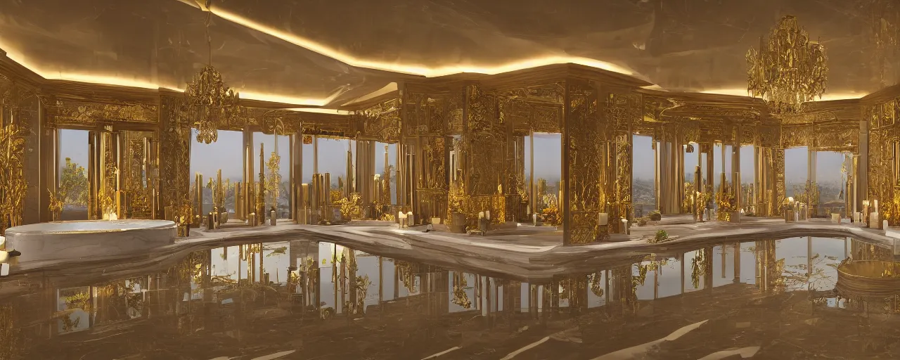 Image similar to photo of a cinematic interior of a double height hyper luxury spa with everything made of gold, candles, windows with view to desert mountains and river, beige stone marble floor with reflection, small wellness relaxation pool, intricate hieroglyph detailed roof, contemporary design, sacred geometry, 8 k, hyperrealistic, photorealism,