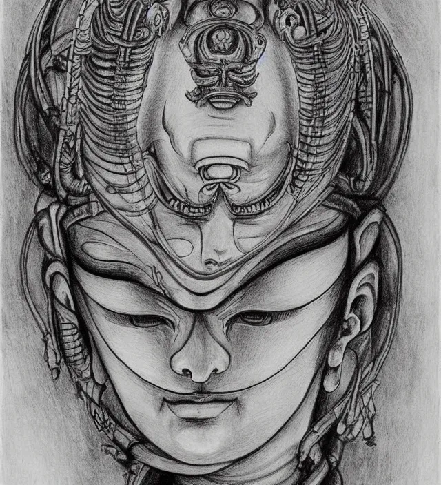 Prompt: buddhist drawing painting of a beautiful girl portrait in miyazaki toriyama giger style detailed trending award winning