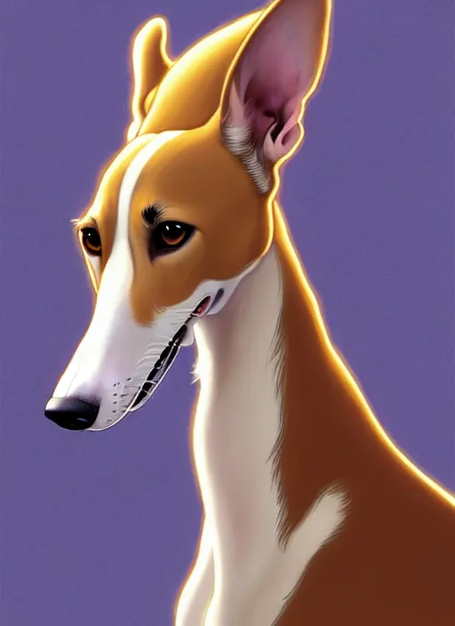 Prompt: cute white brown greyhound wearing golden cape, natural lighting, path traced, highly detailed, high quality, digital painting, by don bluth and ross tran and studio ghibli and alphonse mucha, artgerm