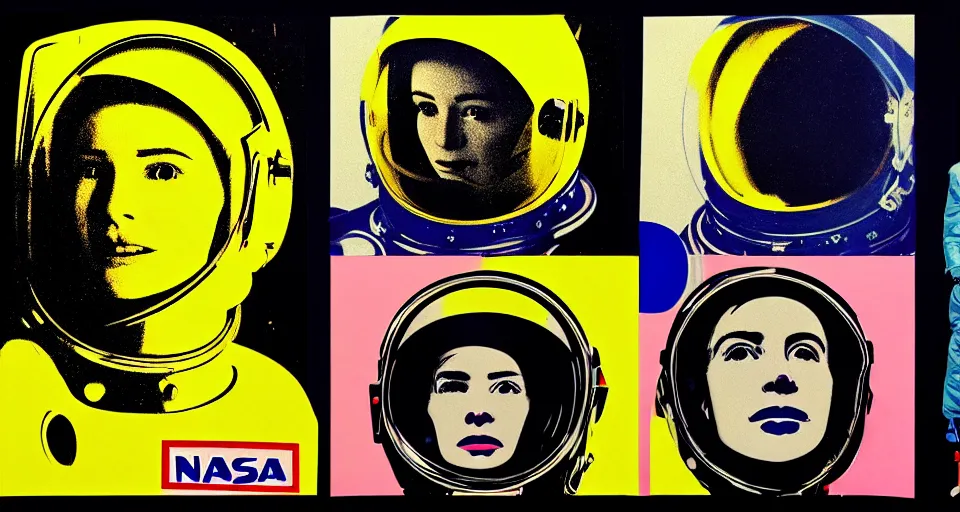 Image similar to a triptych of close up portraits of a very ordinary young woman in a NASA spacesuit, by andy warhol, colorful screenprint and scrawled charcoal lettering, anatomically correct, beautiful perfect face, sharp focus, Highly Detailed, Cinematic Lighting, 8k, HD