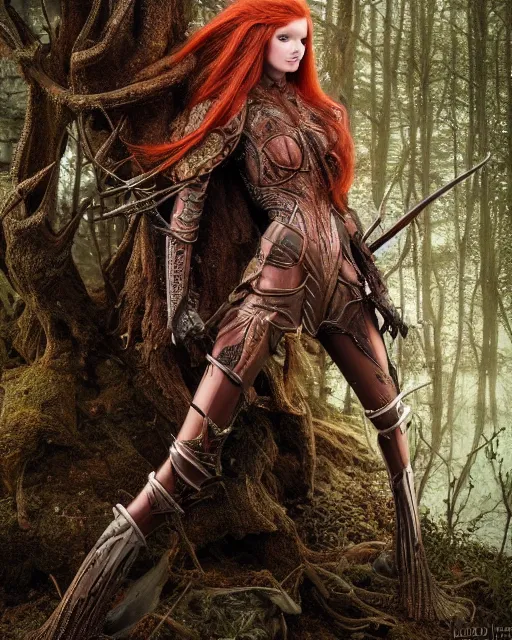 Image similar to 5 5 mm portrait photo of an armored redhead woman with a sword, and antlers growing from her head. magical forest in the backgeound. by luis royo. highly detailed 8 k. intricate. lifelike. soft light. nikon d 8 5 0. cinematic post - processing