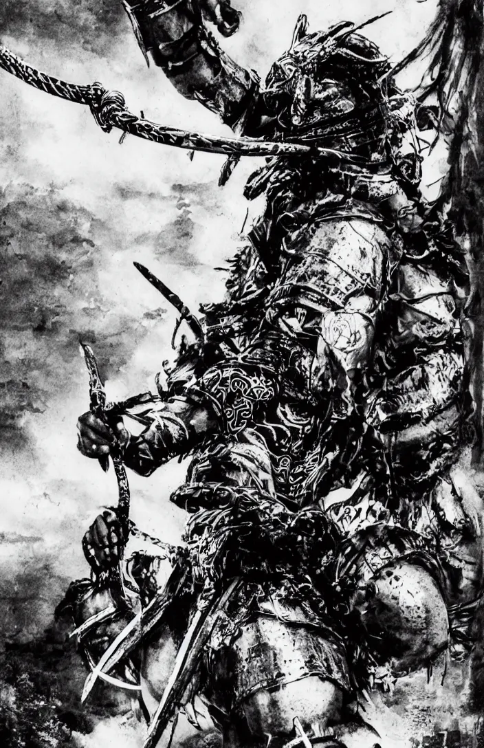 Prompt: movie film poster art for samurai vs predator film shot in feudal japan staring hiroyuki sanada as a disgraced ronin who hunts down the predator after he fails to protect his master from it. in the style of ansel adams, reynold brown, h. r. geiger.