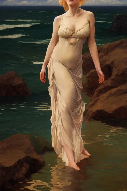 Prompt: a beautiful annie leonhart wearing a dress emerging from the water, oil on canvas, sensuality, artstation, by j. c. leyendecker and edmund blair leighton and charlie bowater, shot on sony a 7 iii