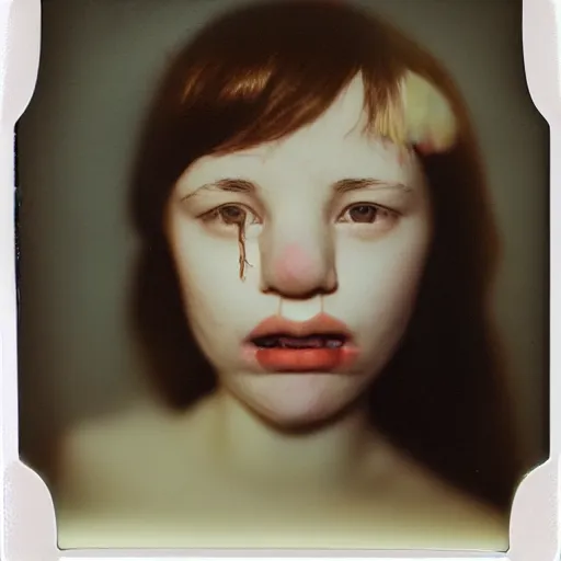 Image similar to a porcelain portrait of a girl face melt down like an ice cream, realistic detailed photography polaroid