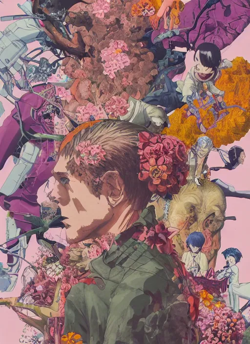 Prompt: pop, manga, attack on titan by james jean, surreal, pink and purple and orange, norman rockwell, trees, flowers by francis bacon. exotic vegetation, tristan eaton, victo ngai, triadic color scheme, bubble gum, a still from the film alien, indi sulta, beksinski, nicola samori, hyperrealism