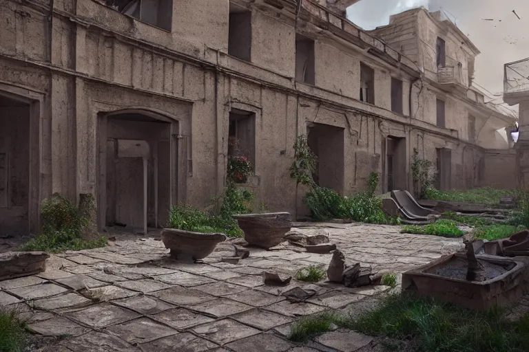 Image similar to an old courtyard with mud and an old playground between two soviet five-storey panel houses, Brutalism, high details, cinematic, 8k resolution, beautiful detailed, insanely intricate details, artstation trending, octane render, unreal engine