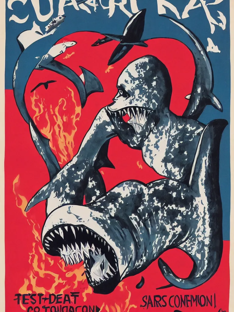 Image similar to propaganda poster for a shark glam rock star drag queen in hell, concert poster