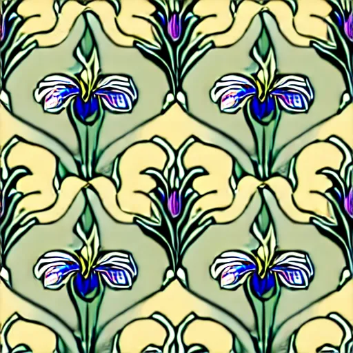 Prompt: a beautiful art nouveau repeating pattern of an iris flower