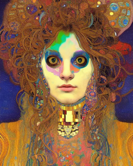 Image similar to hippie cat portrait an oil painting splashes with many colors and shapes by gustav klimt greg rutkowski and alphonse mucha, polycount, generative art, psychedelic, fractalism, glitch art