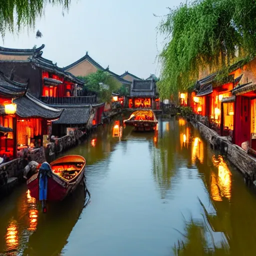 Image similar to beautiful and peaceful ancient water town in the south of china, zhouzhuang ancient town, movie style, warm color to move, boats, evening lanterns, the glow of the sunset on the water, high detailed