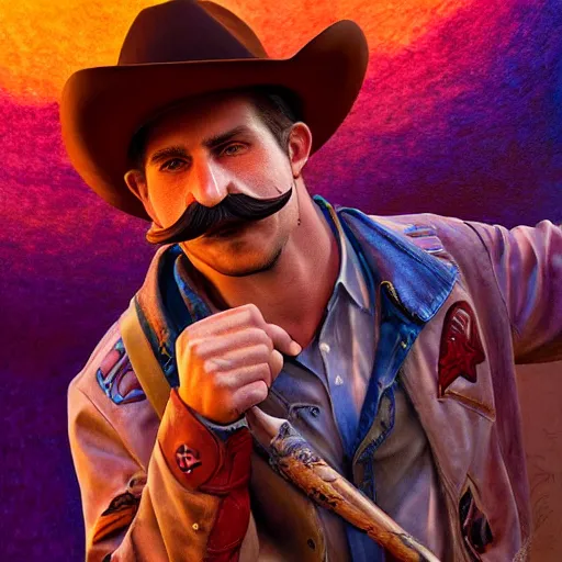 Prompt: Photorealistic cowboy with a bat as a moustache. Hyperdetailed photorealism, 108 megapixels, amazing depth, glowing rich colors, powerful imagery, psychedelic Overtones, 3D finalrender, 3d shading, cinematic lighting, artstation concept art