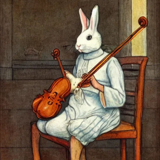 Image similar to a rabbit playing a violin inside a church, in the style of Carl larsson