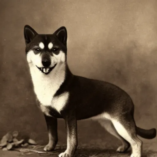 Image similar to photorealistic shiba inu in outlaw gear in the wild west old 1890s photograph