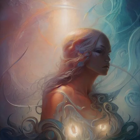 Image similar to a highly detailed beautiful portrait in the style of peter mohrbacher and in the style of jean delville. glowing runes of magical power.