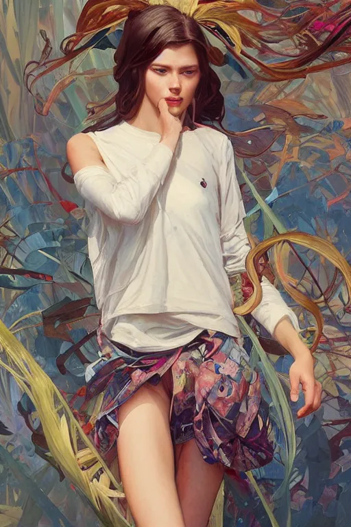 Image similar to an hyper intricate oil painting of gen z model wearing a fashion outfit wearing a clean t - shirt, full body ultra fashion model pose by vogue, excellent composition, by yoshitaka amano, by greg rutkowski, by alphonse mucha, by rhads, by ross tran, trending on artstation