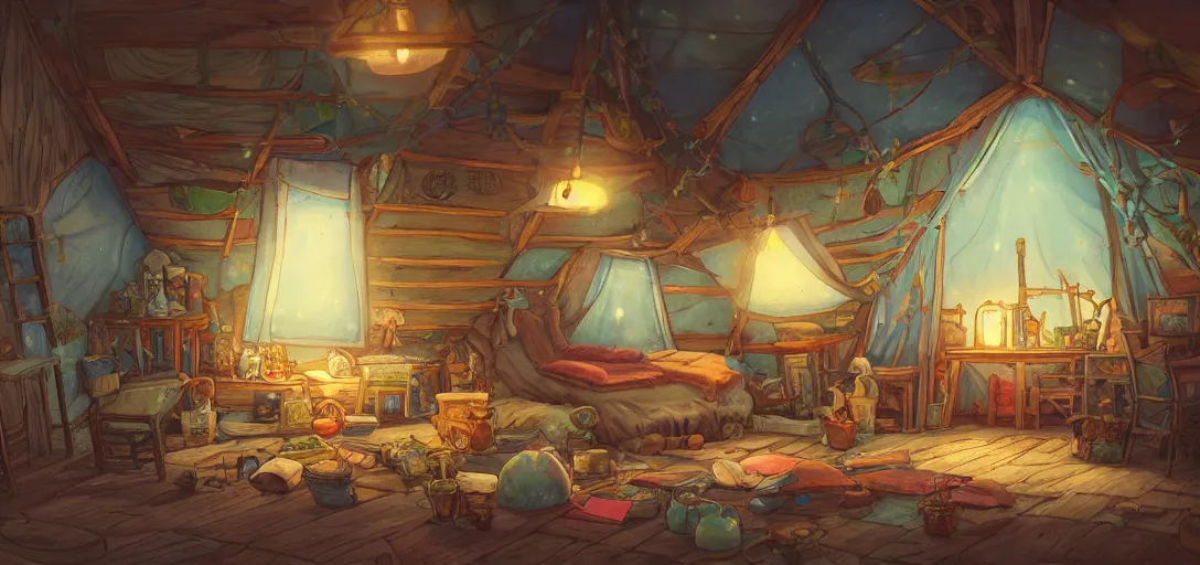 Image similar to cozy attic packed with antiques and furniture, a tent made of bedsheet lit by colorful lightbulps, intricate Details, illustration , in the style of Studio ghibli, breath of the wild, myazaki, anime, clean render, denoise, rule of thirds