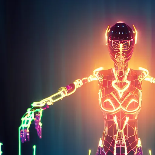 Image similar to japanese model cyborg with digital led skin, neon lighting, techno neon projector background, portrait photo, unreal engine 5, depth of field, bokeh, octane render
