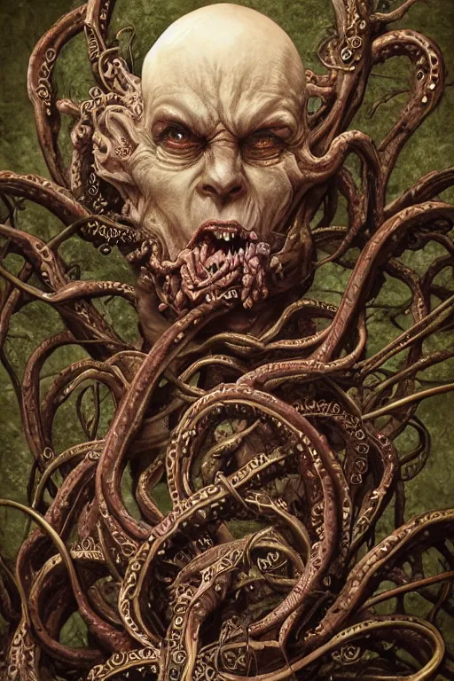 Image similar to centered horrifying detailed side view profile portrait of a insane, crazed, mad old bald zombie, ornate tentacles growing around, ornamentation, thorns, vines, tentacles, elegant, beautifully soft lit, full frame, 8 k by wayne barlowe, peter mohrbacher, kelly mckernan, h r giger