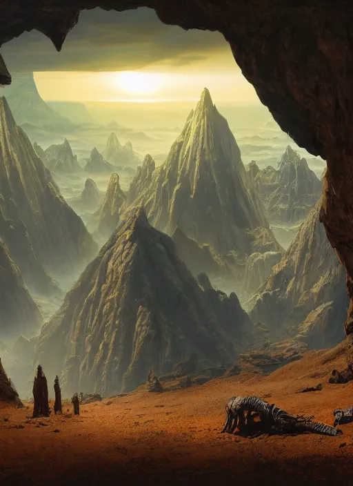 Image similar to matte painting used for cover of book by Edgar Rice Burroughs, realistic rendering, unreal engine, 4k, hdr, high dynamic range, f12, michael whelan, james gurney, high tech, star wars cavern interior