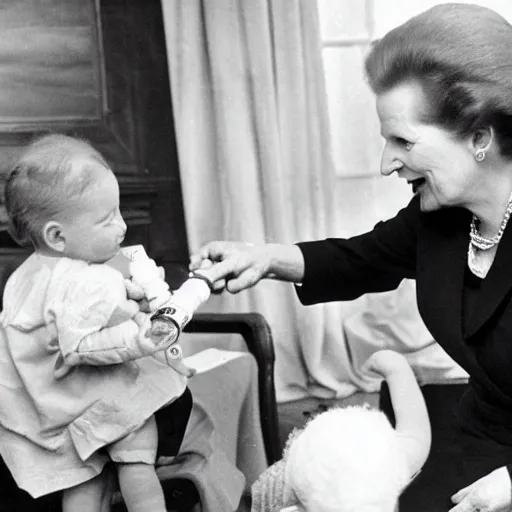 Image similar to margaret thatcher taking a bottle of milk from a baby