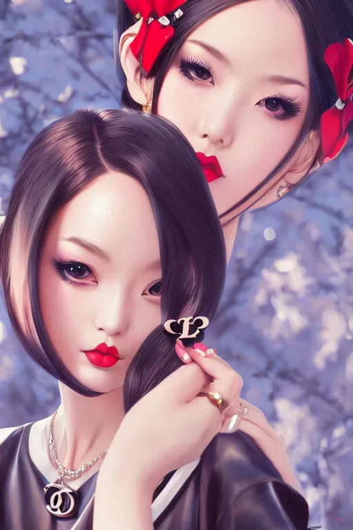 Image similar to a pin up and beautiful fashion dreamlke japan girl with lv jewelry, character art, art by artgerm and wlop and and ilya kuvshinov, hyperdetailed, 8 k realistic, symmetrical, frostbite 3 engine, cryengine, dof, trending on artstation, digital art, chanel, dior, fantasy background