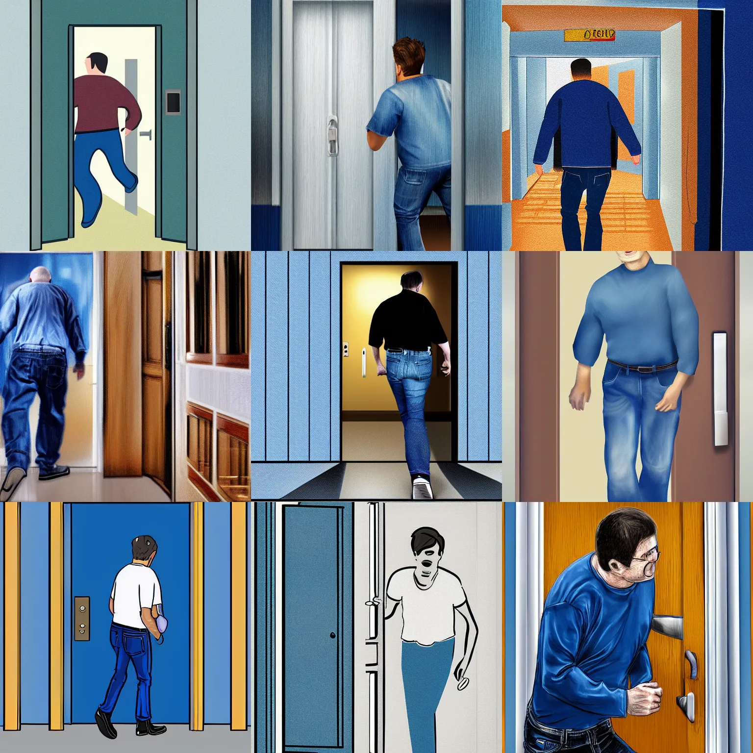 Prompt: a man wearing blue jeans rushing into a hospital door, digital art