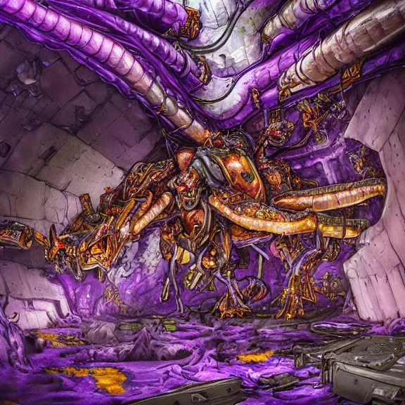 Prompt: detailed shot inside a cavernous living stomach of a giant mecha dragon, the walls purple and pulsing, slimy and hot, lots of acid pooling up on the floor, digesting a bunch humans that ended up inside, food pov, micro pov, vore, digital art, furry art, high quality, 8k 3D realistic, macro art, micro art, Furaffinity, Deviantart, Eka's Portal, G6