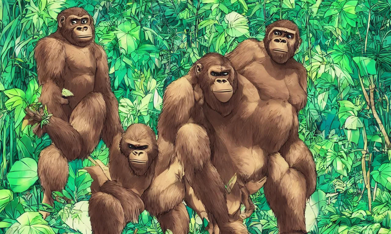 Image similar to Anthropomorphic bipedal gorilla wearing a t-shirt and shorts, in the background is lush jungle, manga