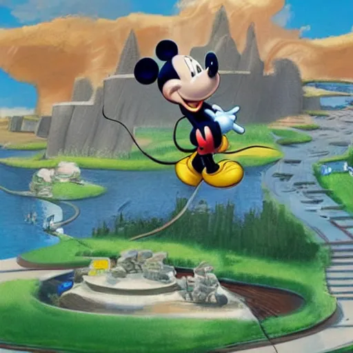 Prompt: Mickey Mouse goes on a rampage at Disney World, surrealist landscape concept art