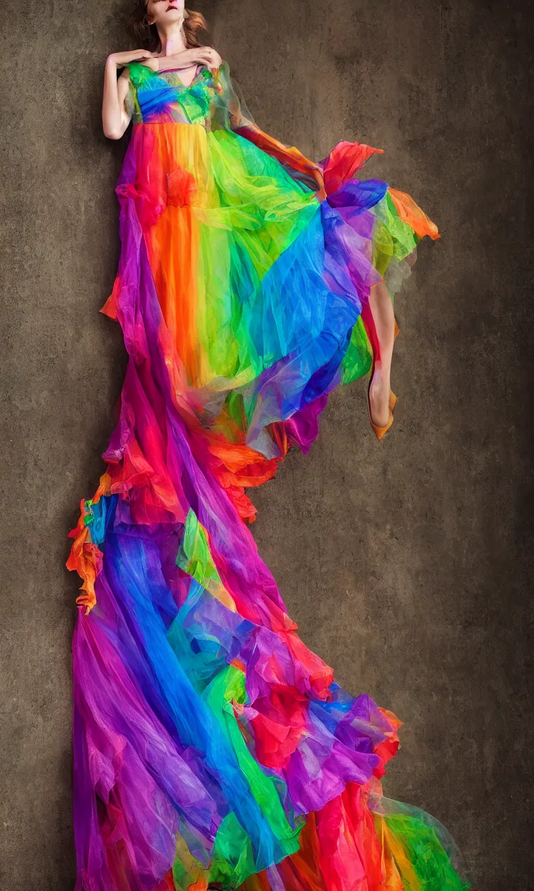 Prompt: full-length photo of a beautiful woman wearing a sheer rainbow dress, fashion photography