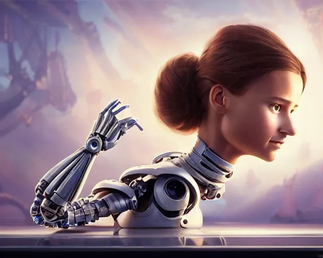 Image similar to weta disney pixar movie still head and torso portrait photo of young alicia vikander lying on her back on a mechanical table with a white ponytail as thoughtful intricate detailed mechanical plastic cyborg girl by pixar, by weta, wlop, ilya kuvshinov, rossdraws, artgerm, latex, iridescent, bright morning, anime, liosh, mucha