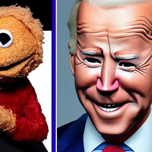 Image similar to joe biden as a muppet. highly detailed felt. hyper real photo. 4 k.