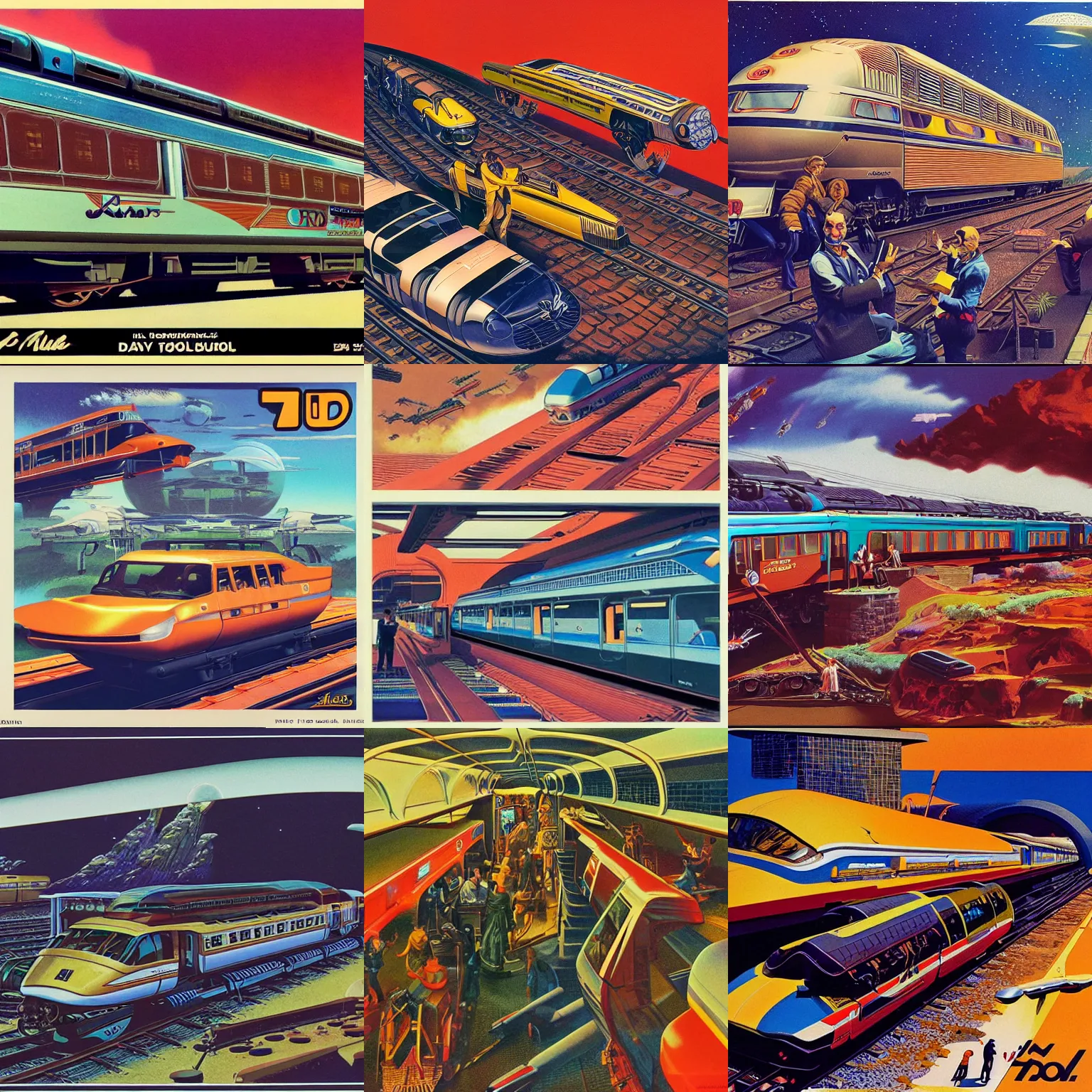 Prompt: model train, syd mead, retro futurism, kelly freas, bruce pennington, david b. mattingly, justin todd, chris moore, josh kirby